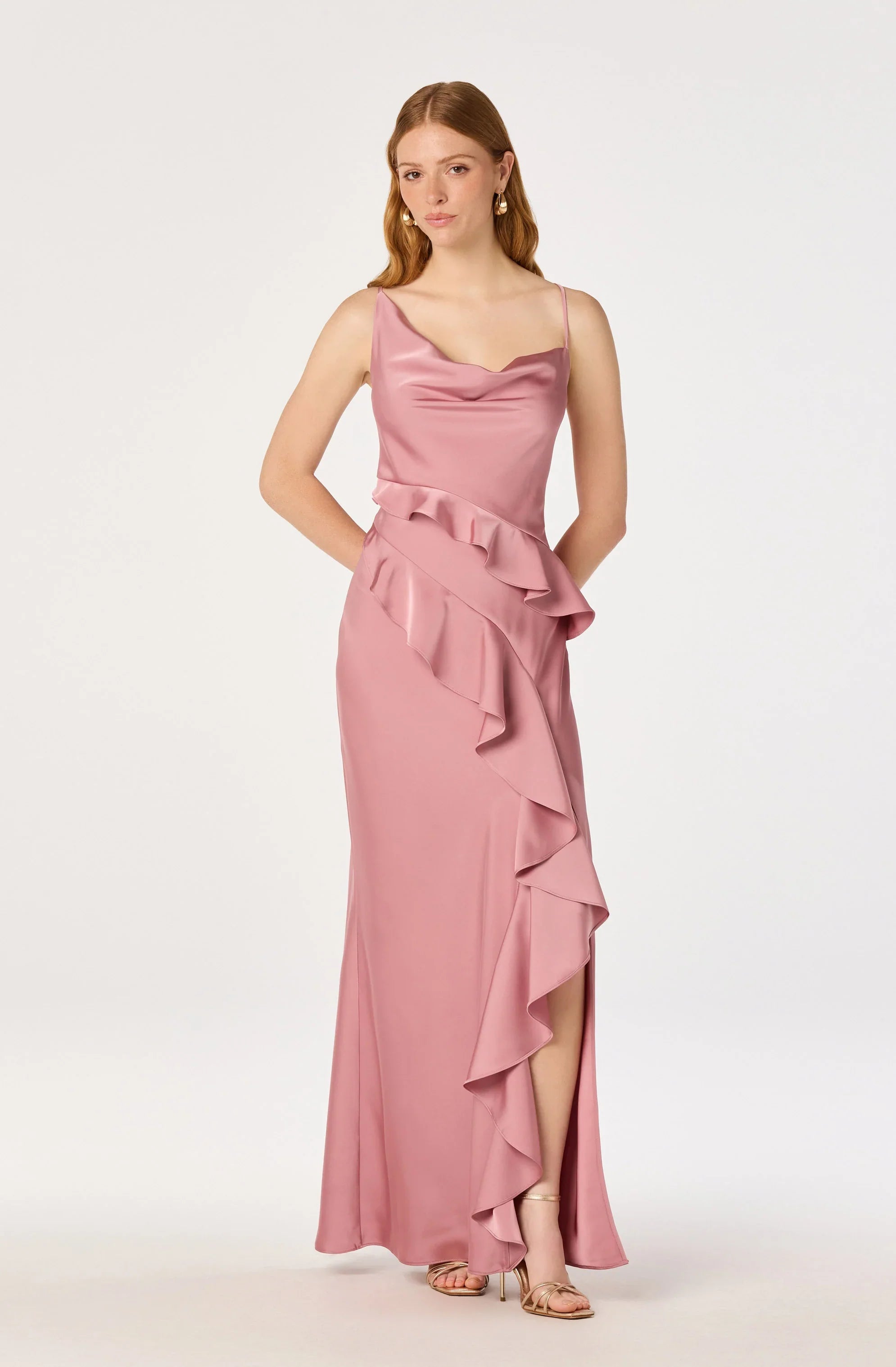 Adelina Satin Ruffle Maxi Dress
