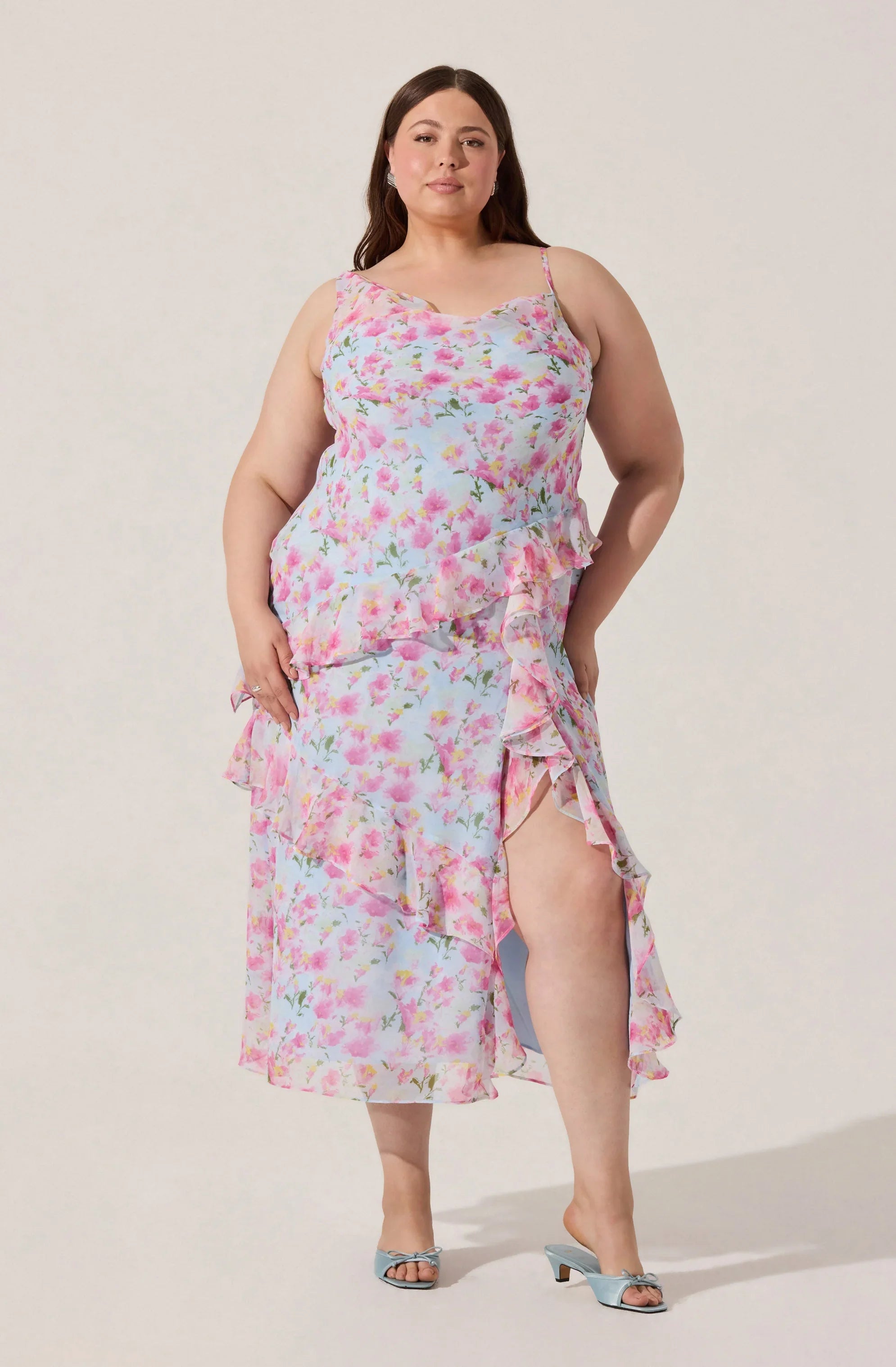 Levina Asymmetric Floral Ruffle Maxi Dress