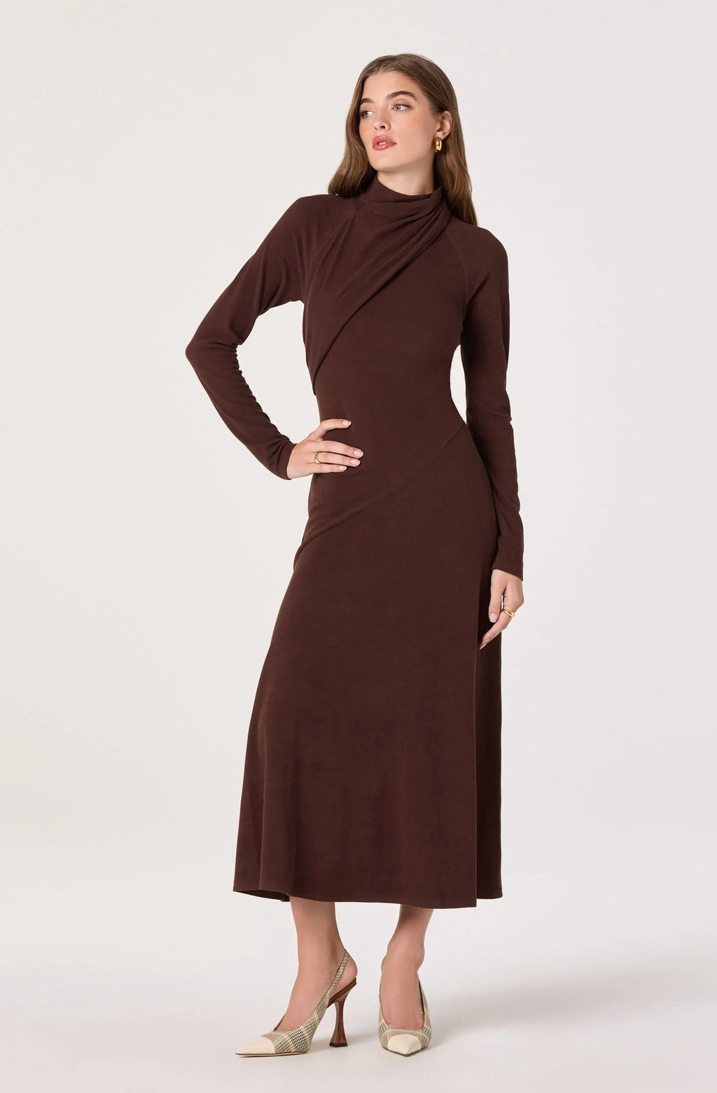 Asymmetric Draped Mock Neck Midi Dress