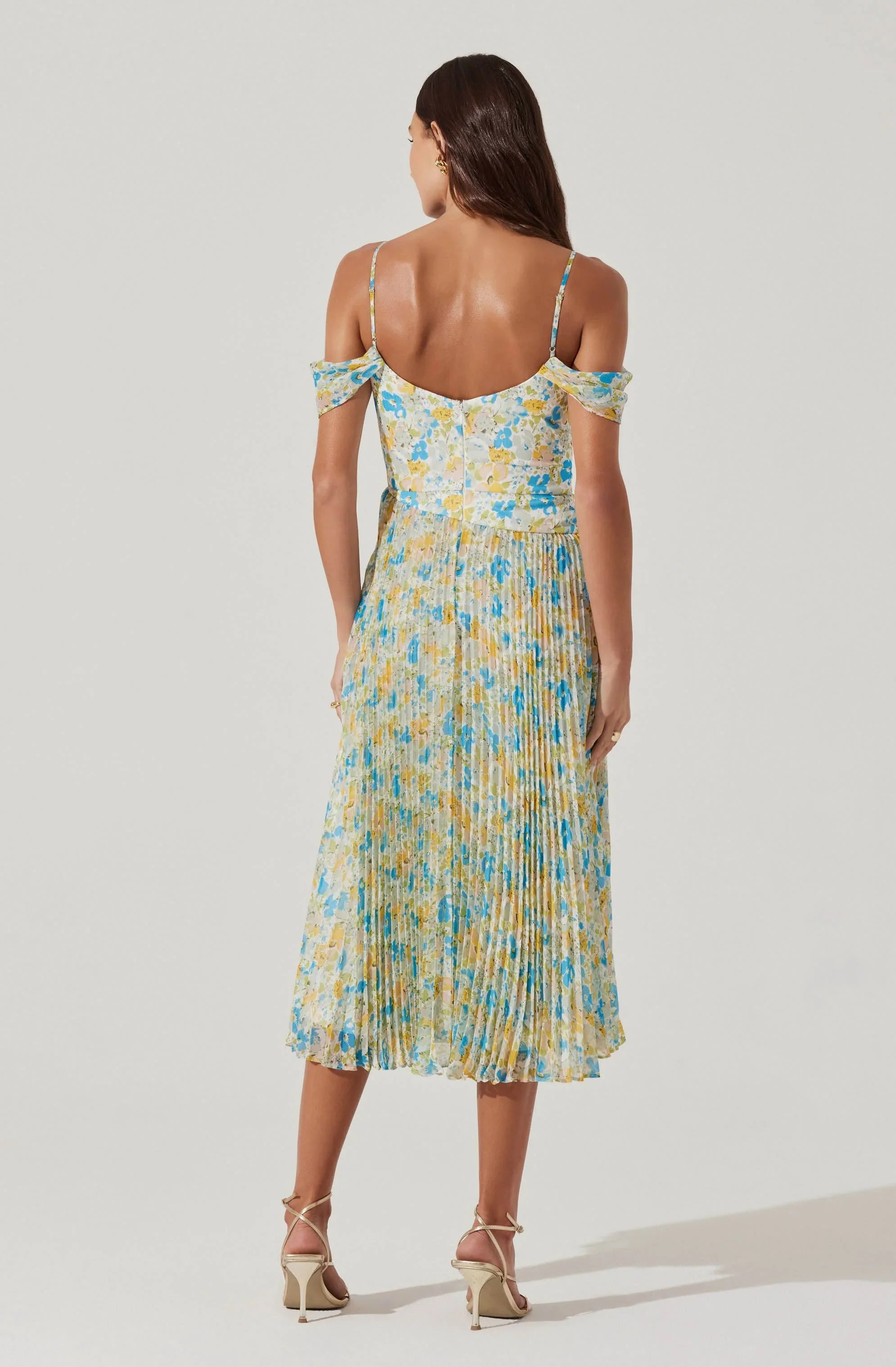 Pleated Cold Shoulder Midi Dress