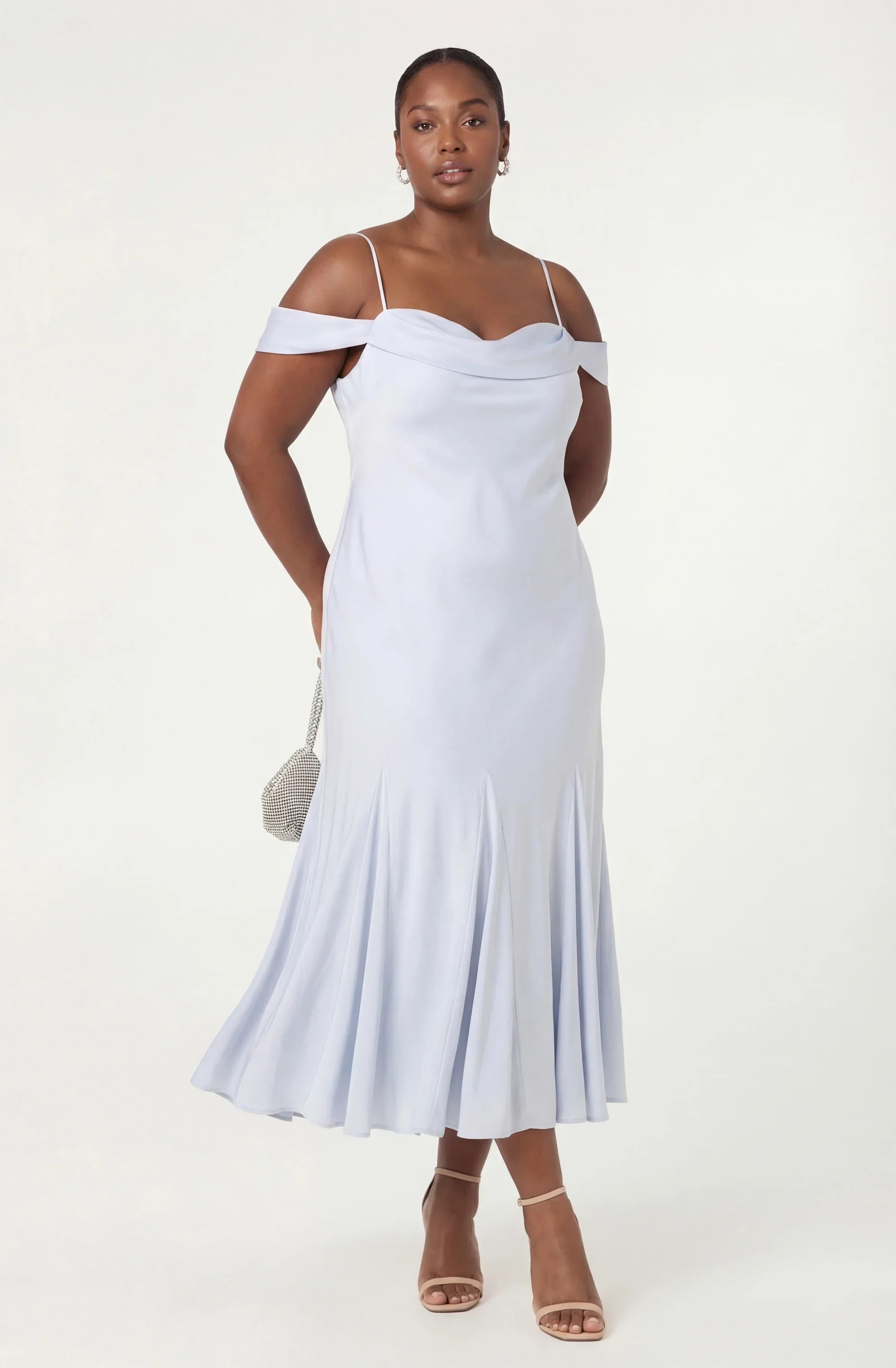 Araxie Satin Off-Shoulder Godet Midi Dress