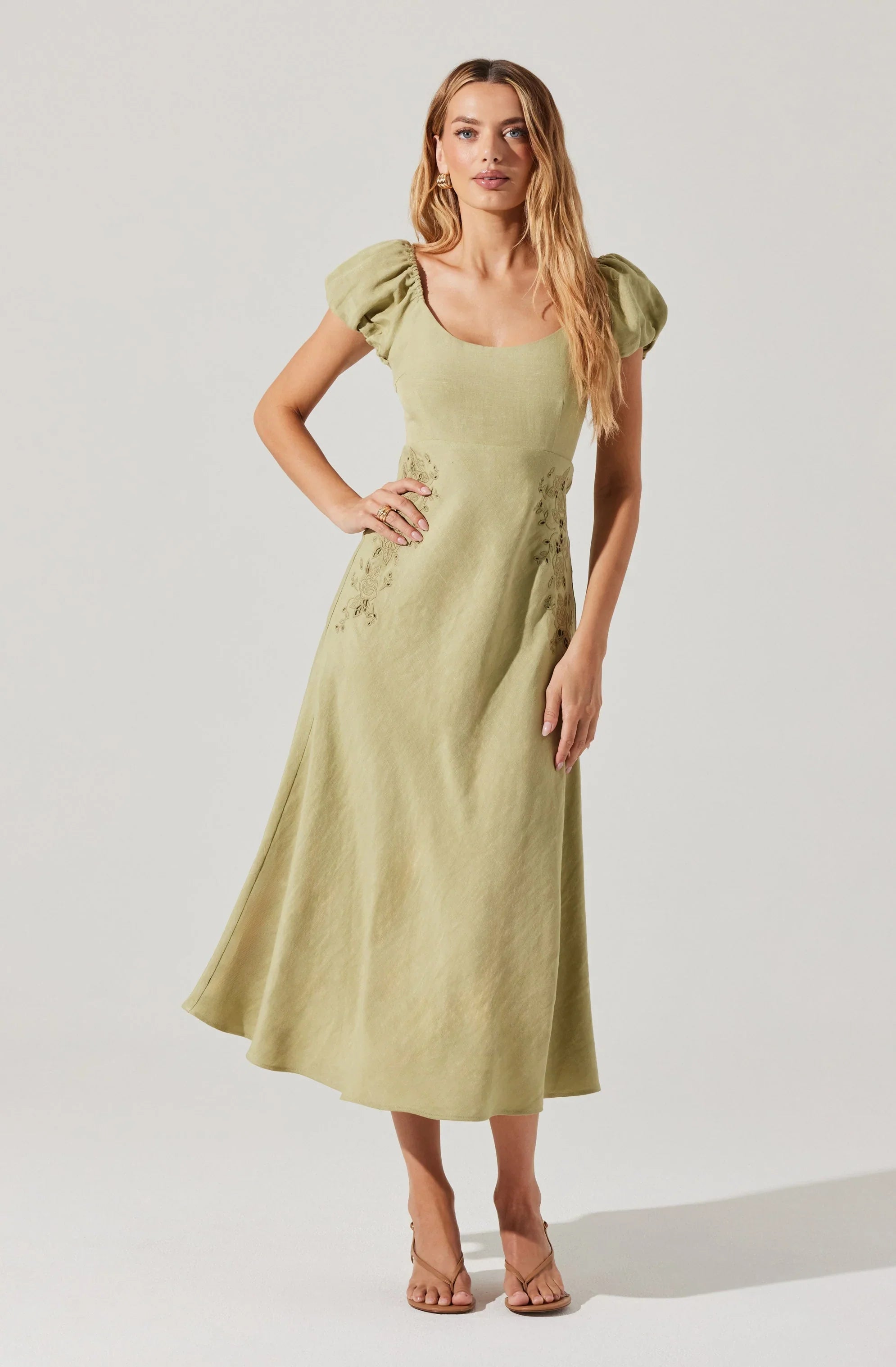 Leocadia Embroidered Puff Sleeve Midi Dress