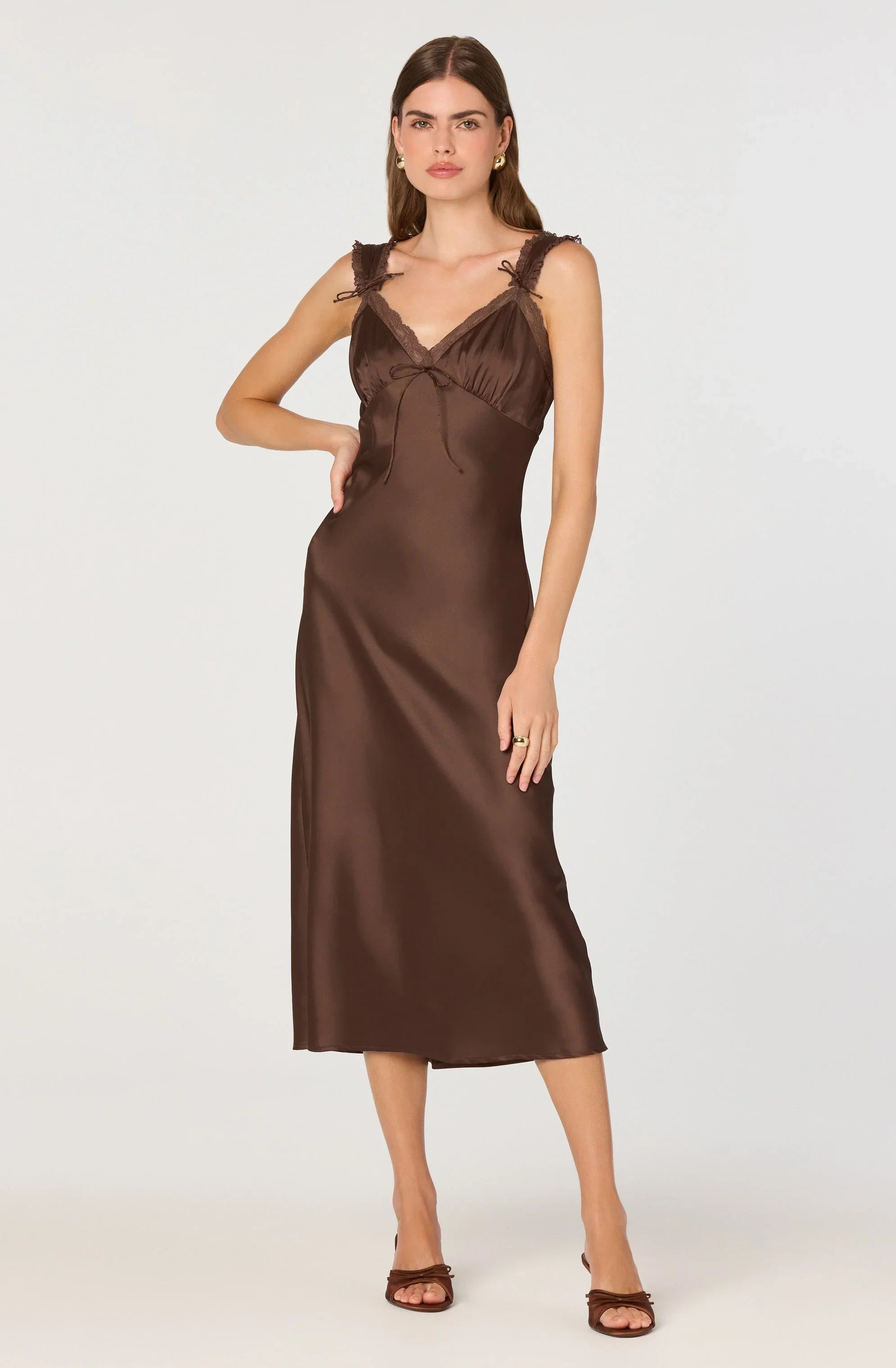Lace Trim Satin Slip Midi Dress