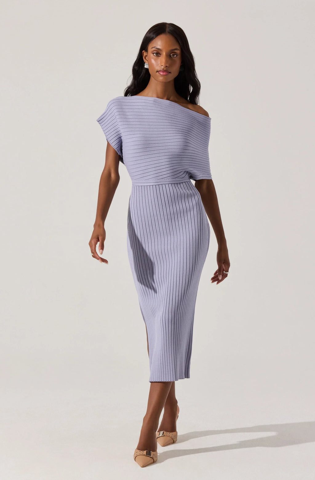 Off Shoulder Ribbed Midi Sweater Dress