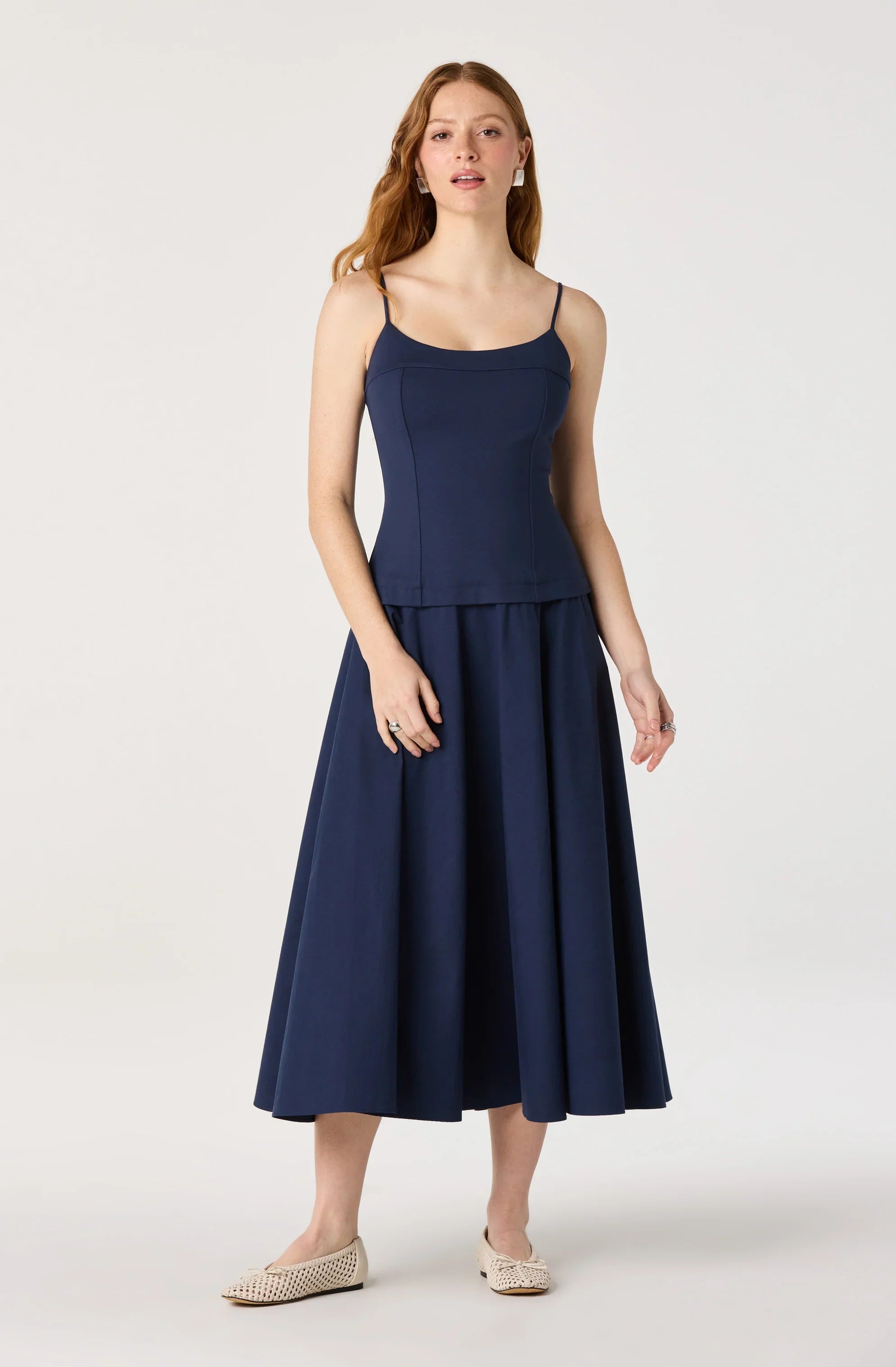 Cierra Mixed Media Drop Waist Midi Dress