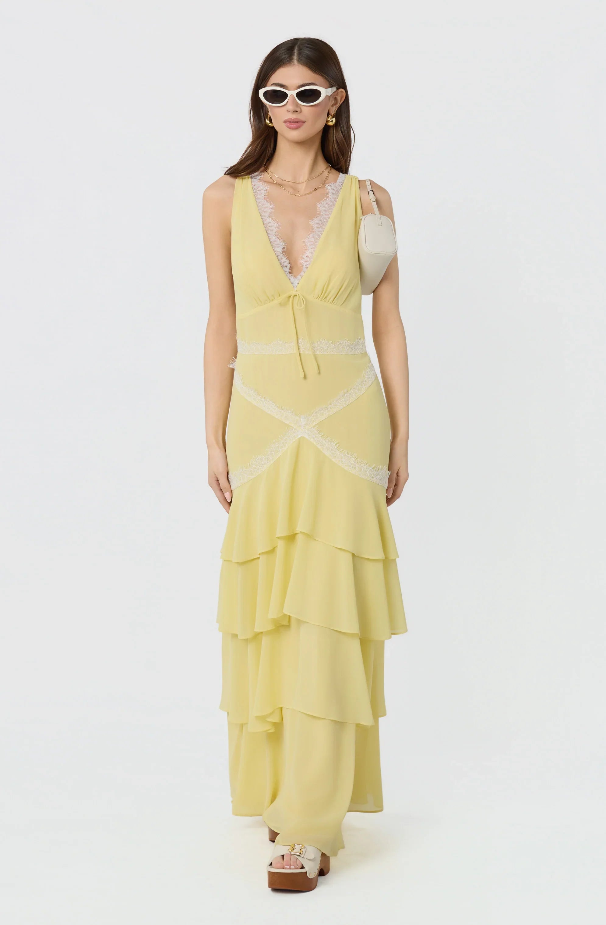 Evelyn Lace Trim Tiered Ruffle Maxi Dress