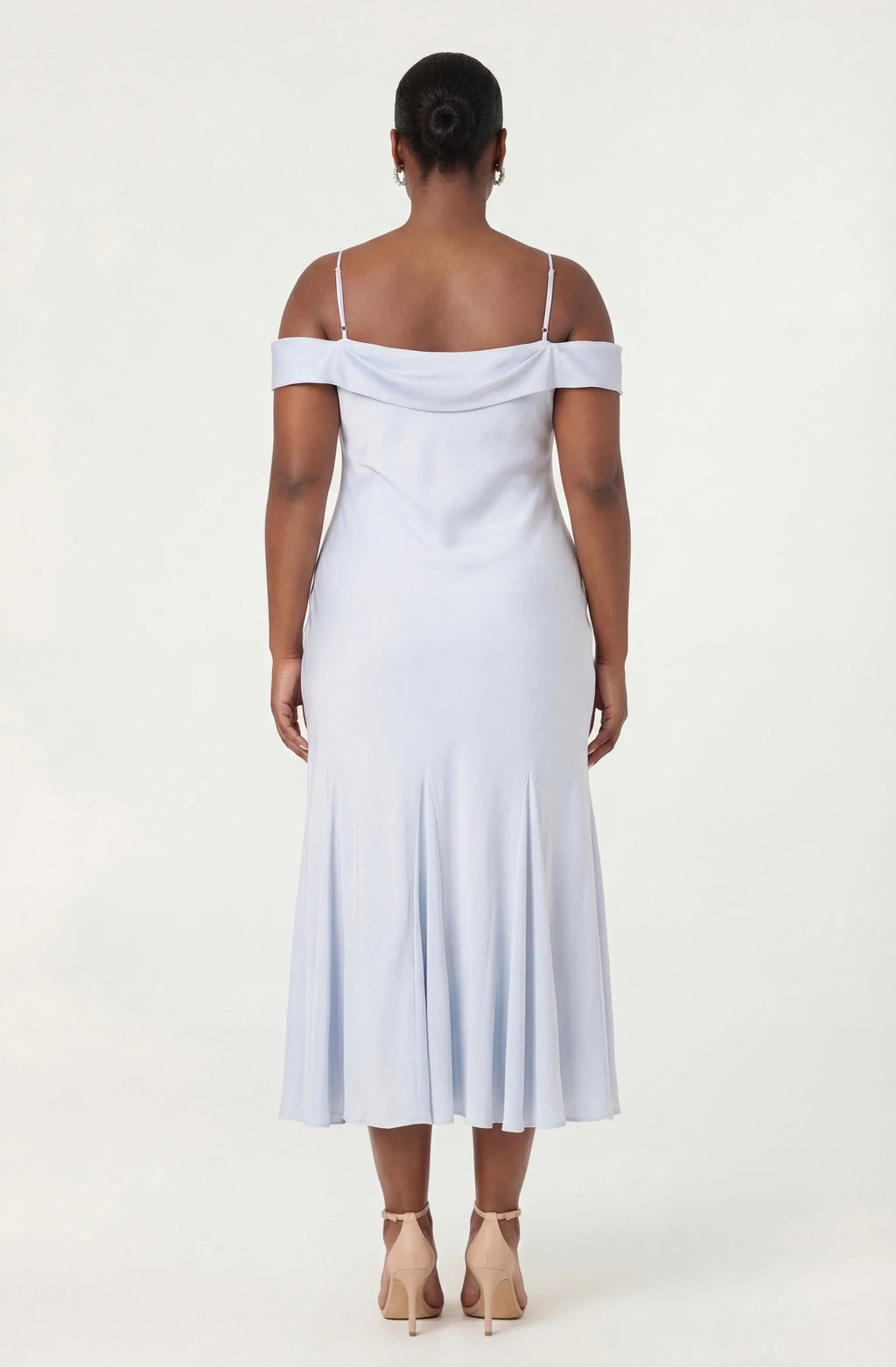 Araxie Satin Off-Shoulder Godet Midi Dress