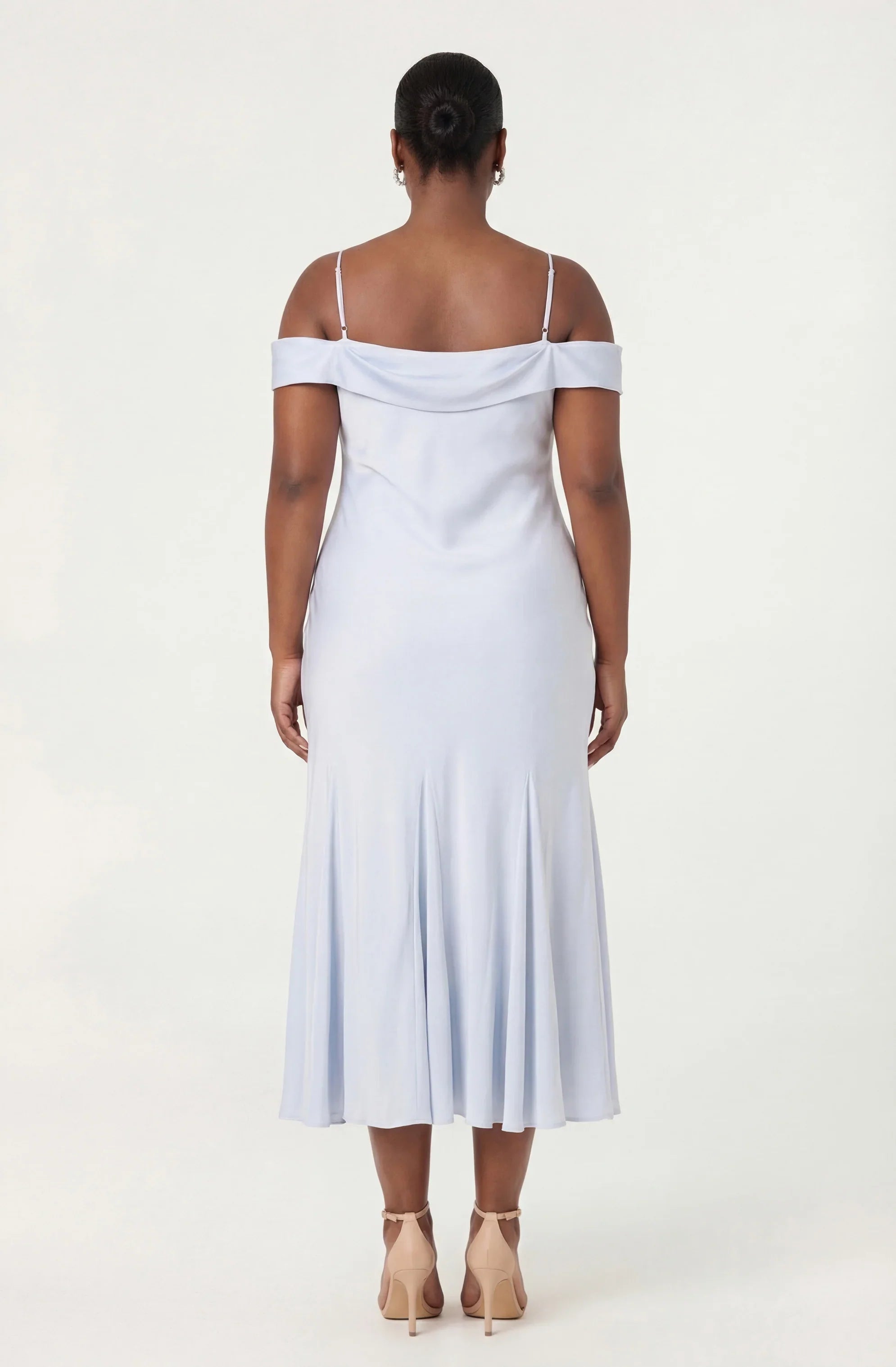 Araxie Satin Off-Shoulder Godet Midi Dress