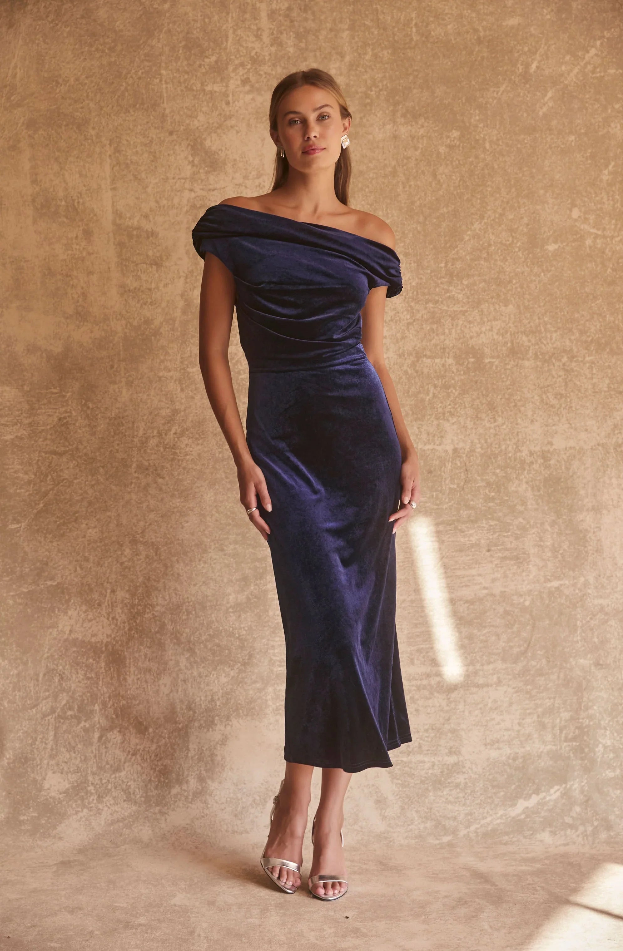 Velvet Off Shoulder Midi Dress