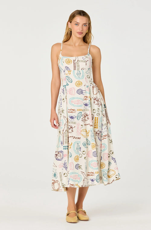 Ansley Novelty Print Linen Midi Dress