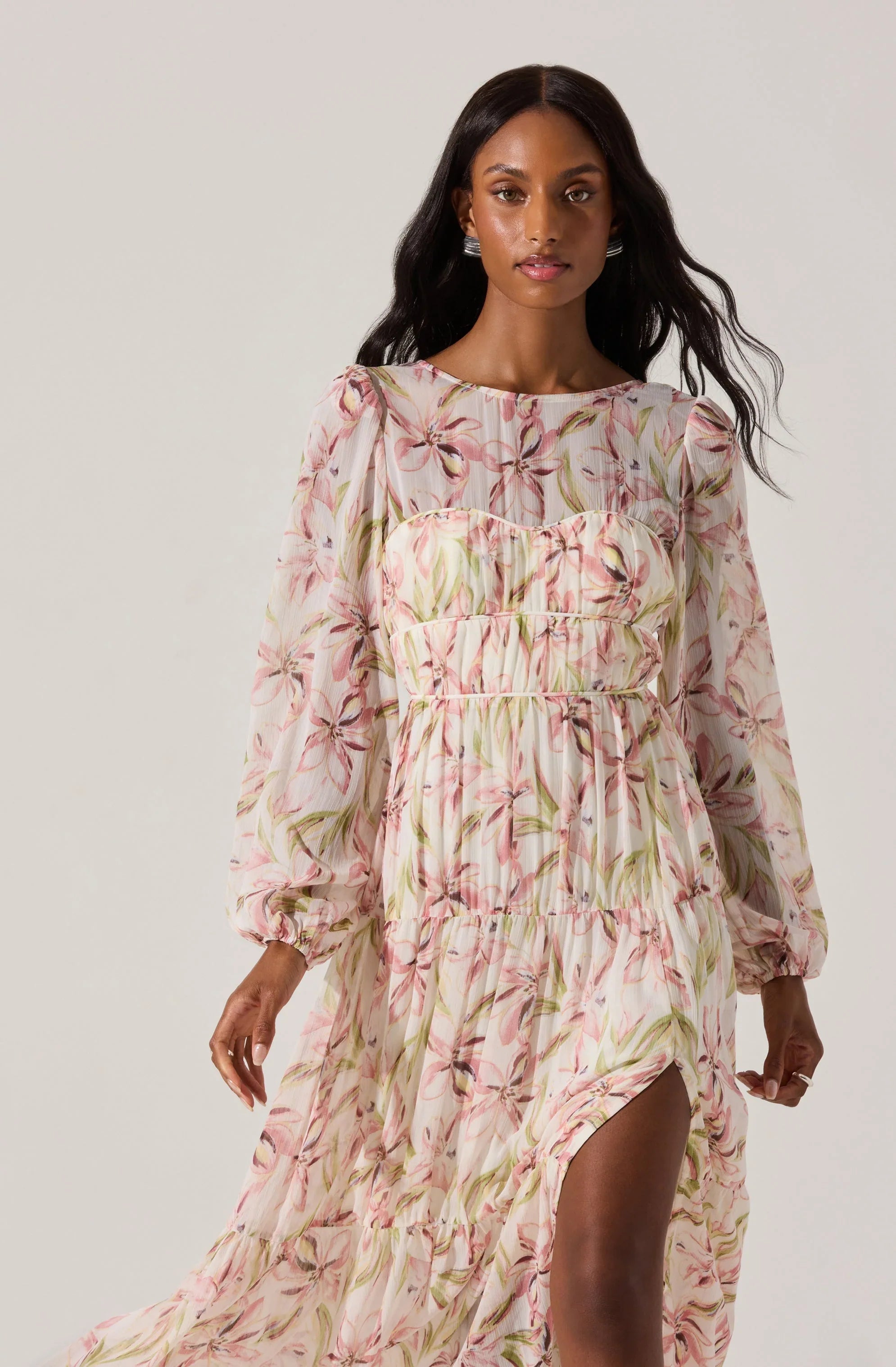 Pleated Chiffon Floral Midi Dress