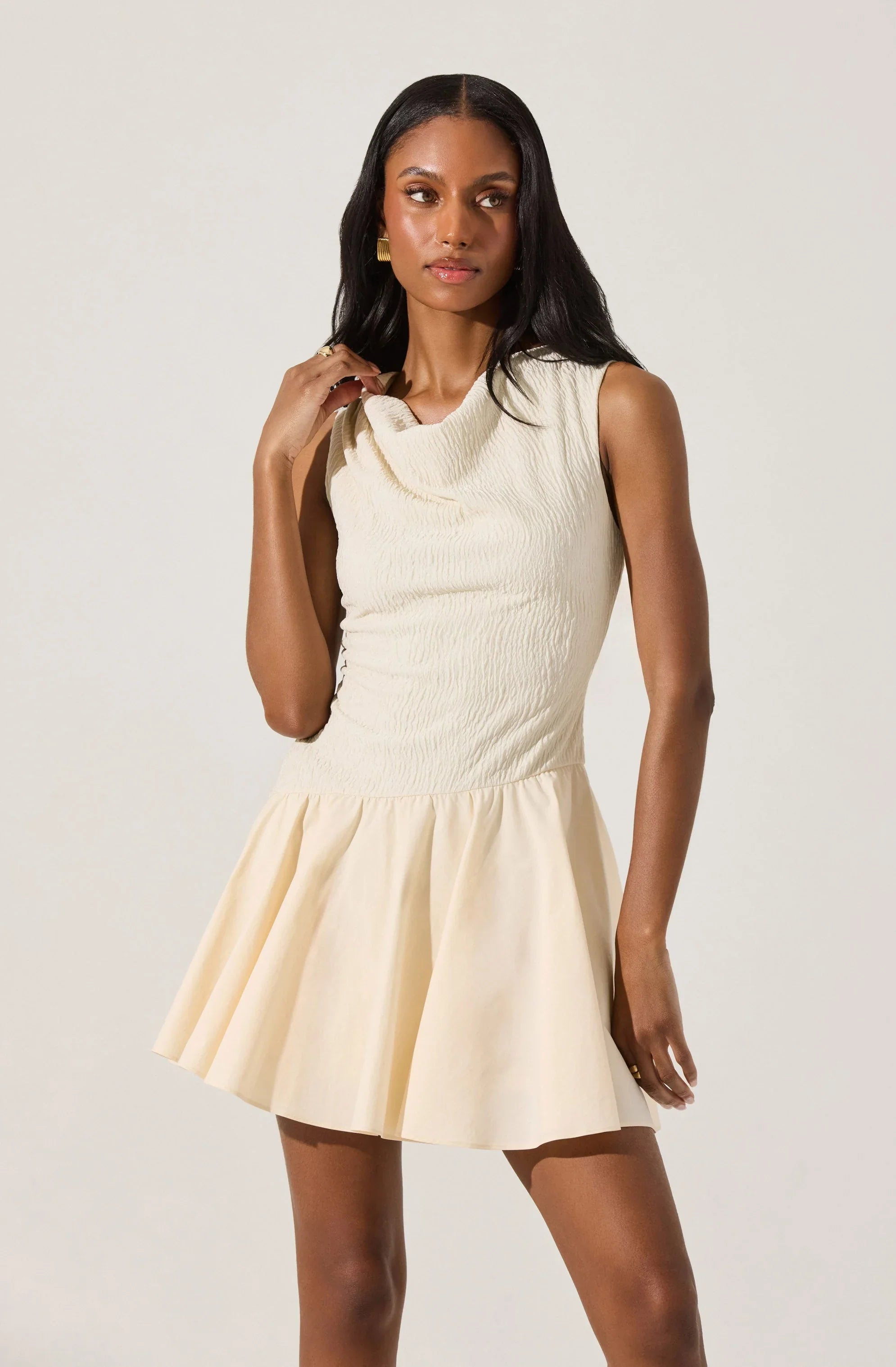 Cowl Neck Mixed Media Mini Dress