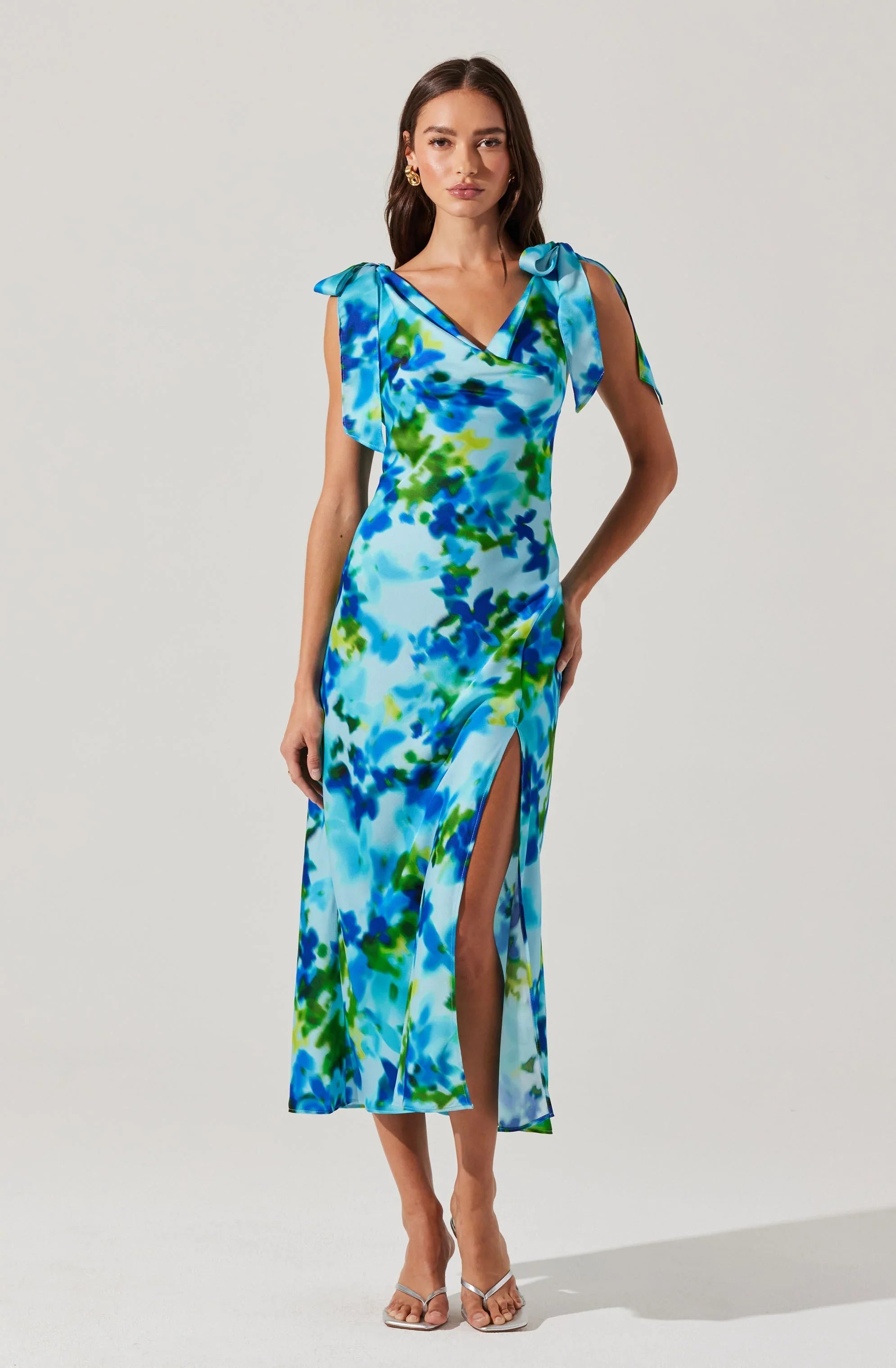 Allexina Satin Cowl Neck Midi Dress
