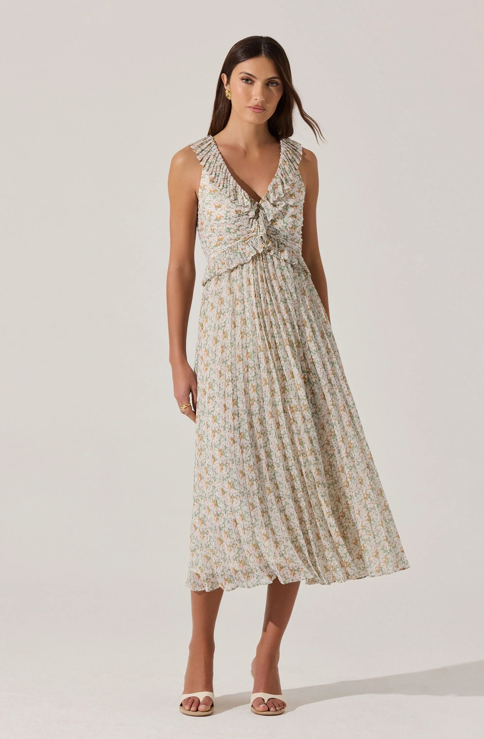 Floral Ruffle Pleated Midi Dress