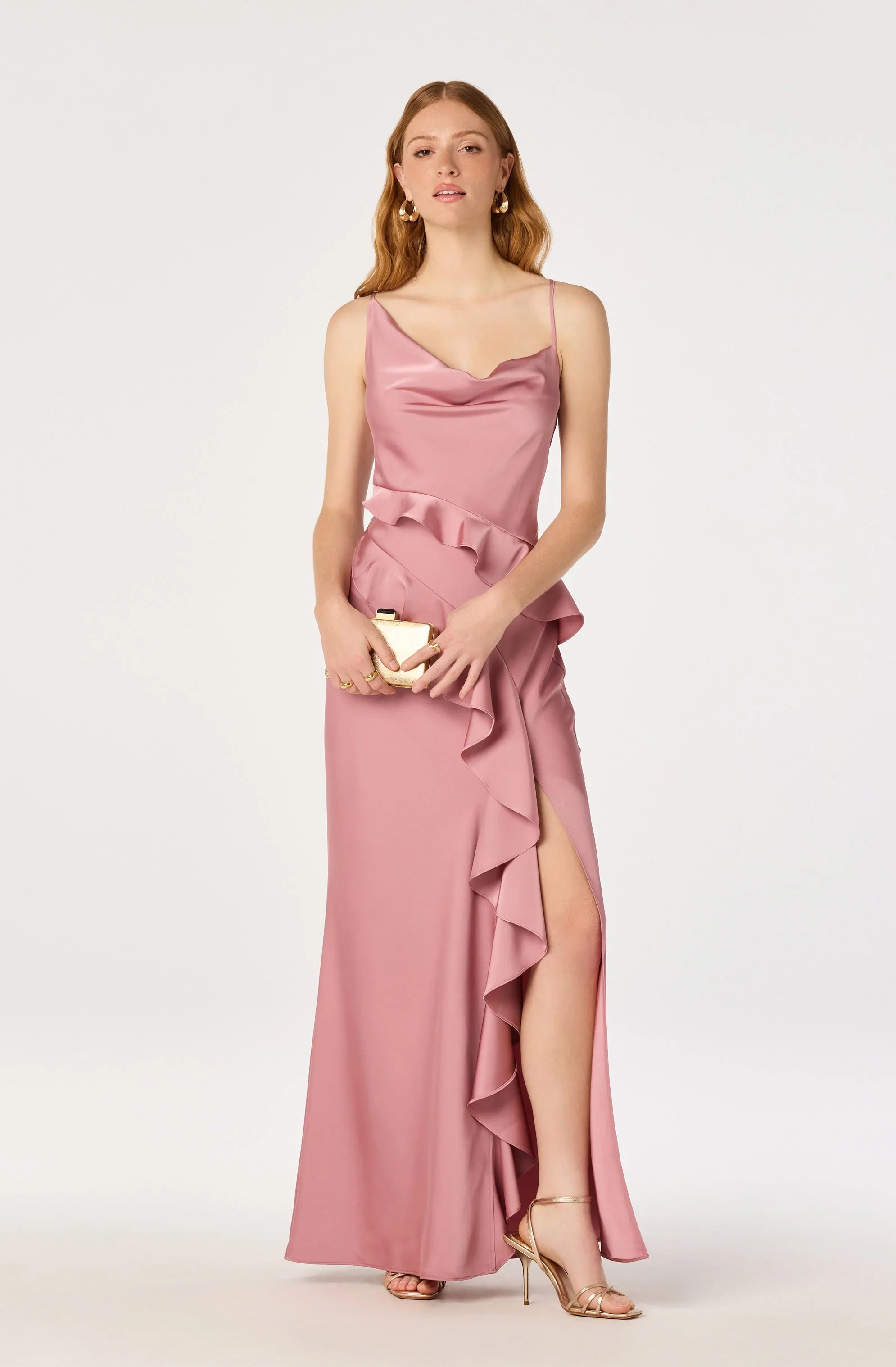Adelina Satin Ruffle Maxi Dress