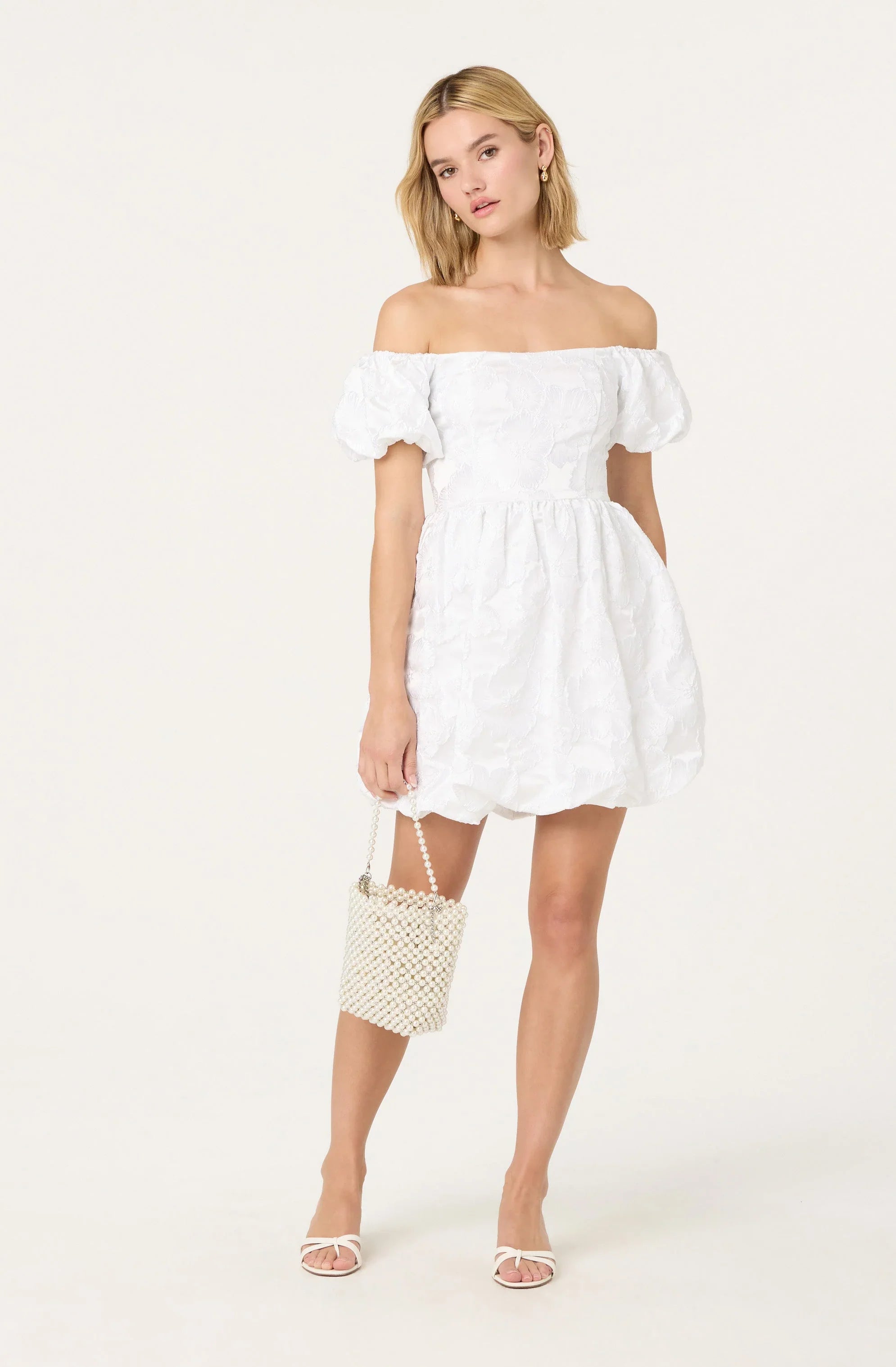 Off Shoulder Floral Jacquard Bubble Dress