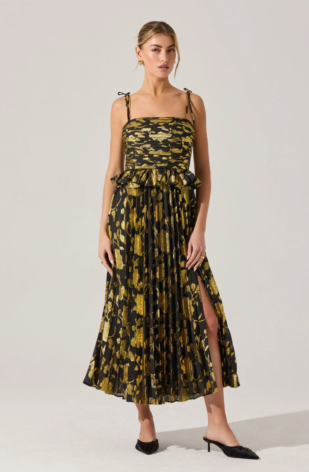 Emerys Pleated Metallic Floral Maxi Dress