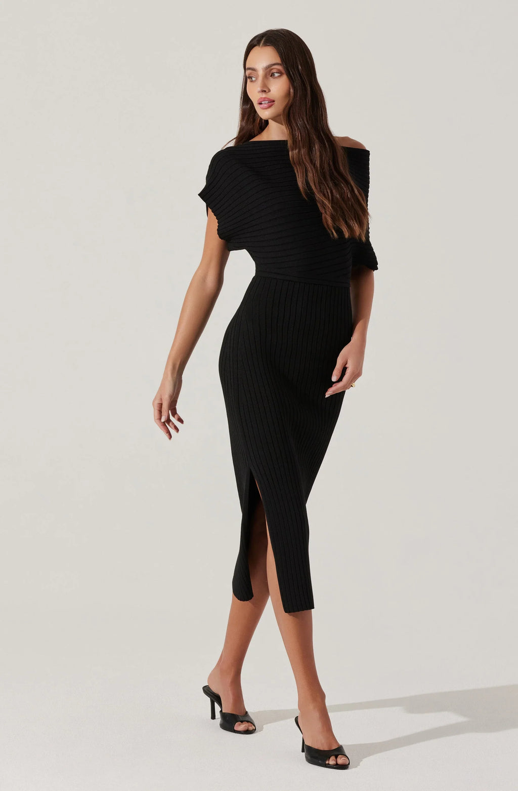 Off Shoulder Ribbed Midi Sweater Dress