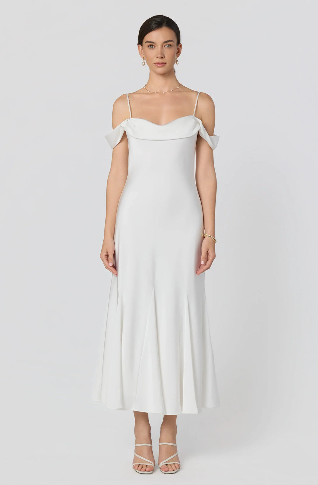 Araxie Satin Off-Shoulder Godet Midi Dress