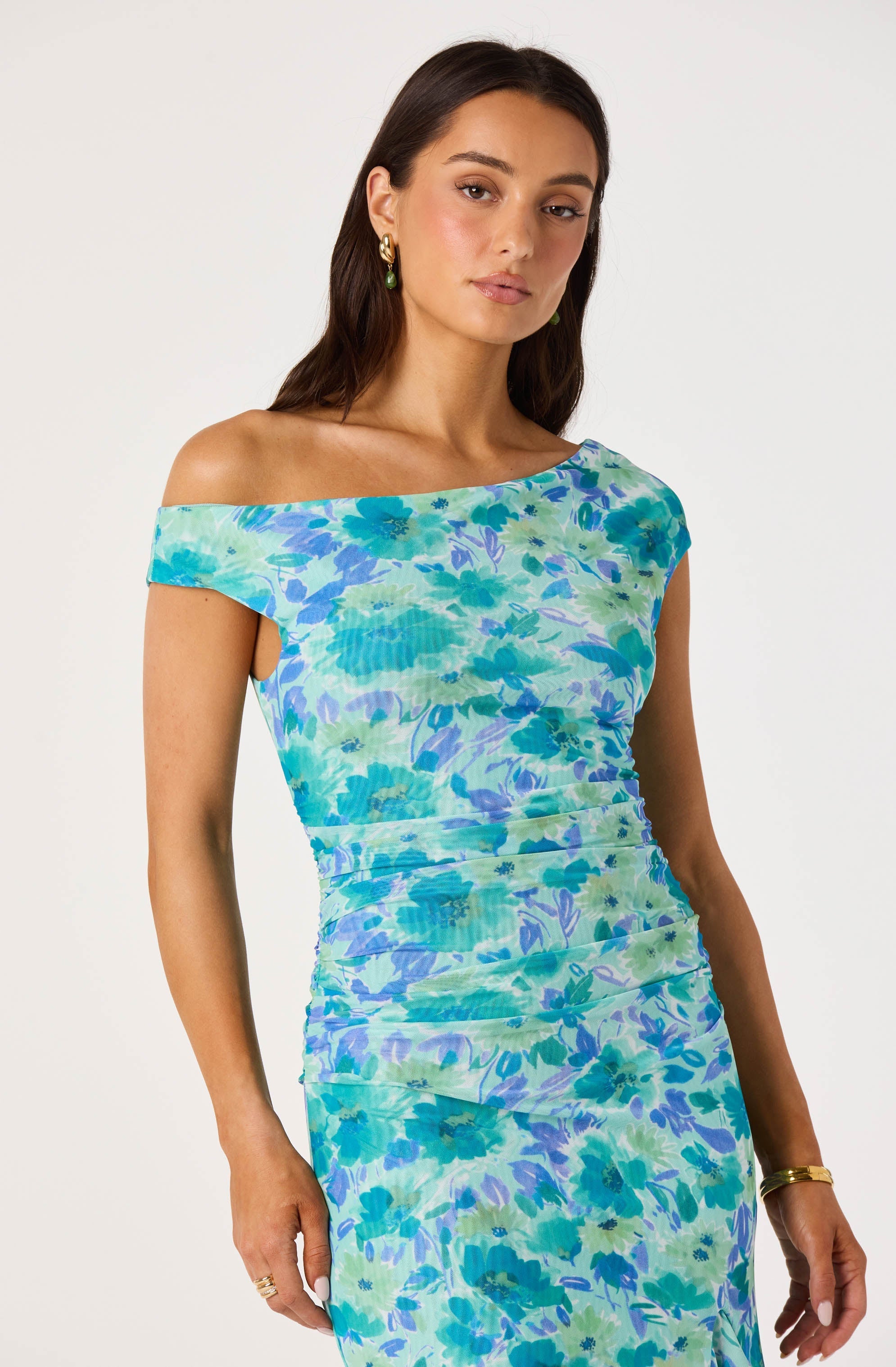 Off Shoulder Ruched Floral Maxi Dress