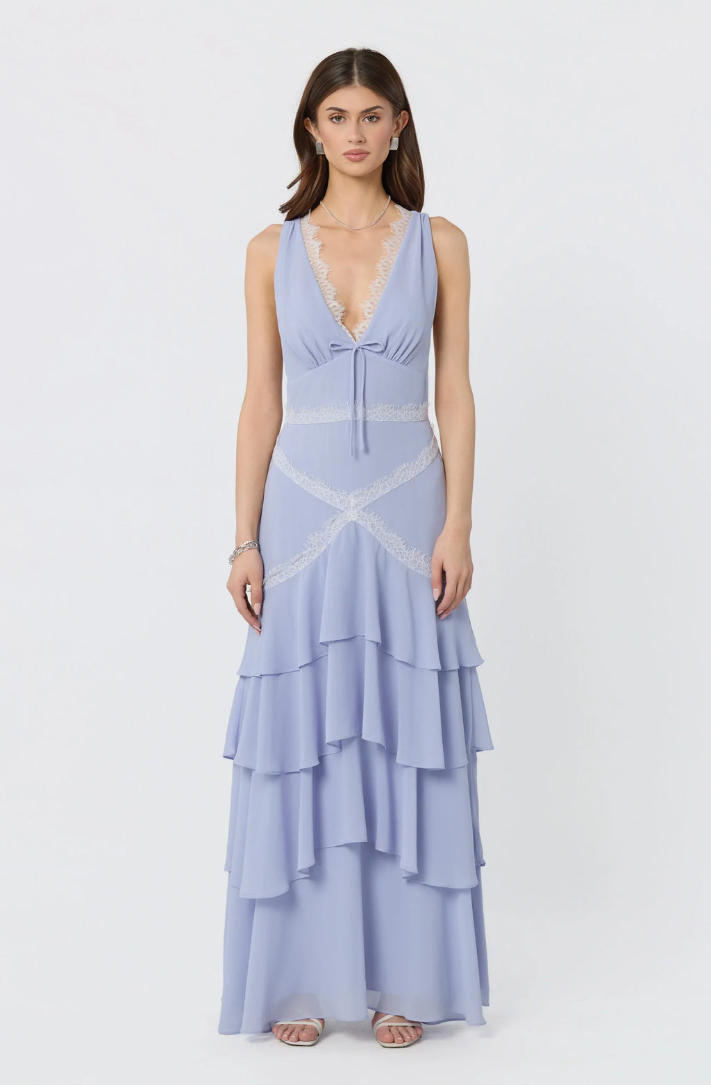 Evelyn Lace Trim Tiered Ruffle Maxi Dress
