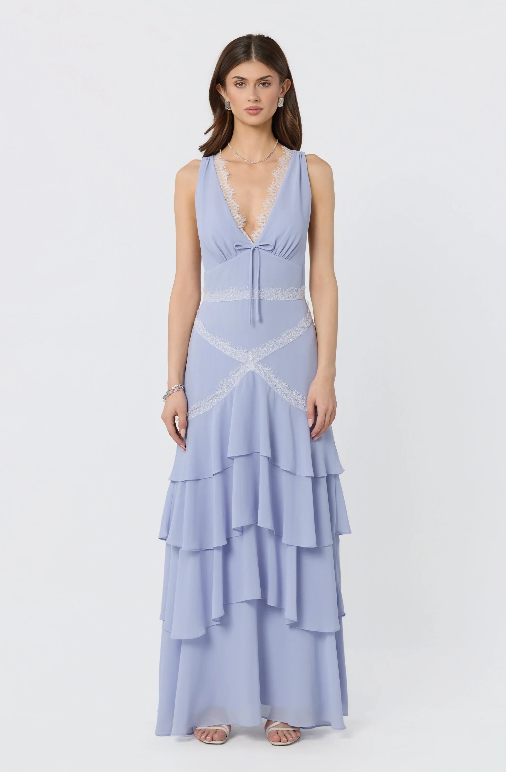 Evelyn Lace Trim Tiered Ruffle Maxi Dress